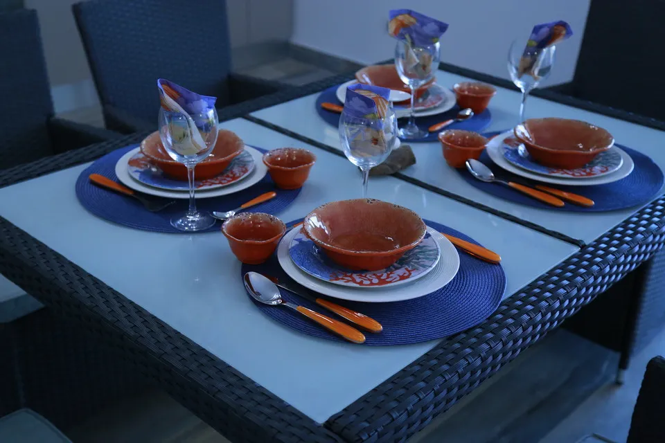 Kitchen table set for a meal